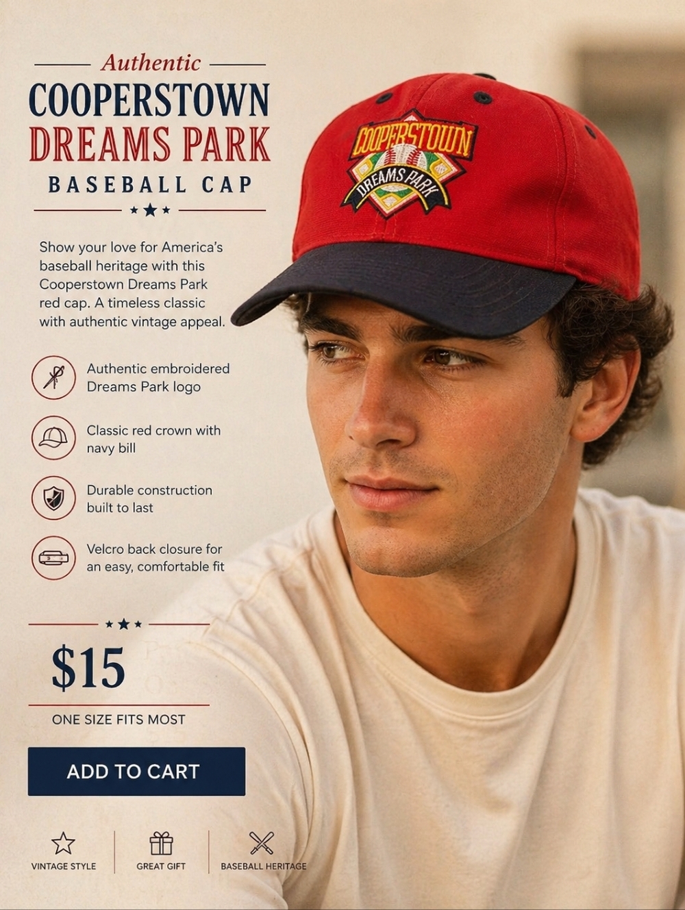 Authentic Cooperstown Dreams Park Red Baseball Cap Velcro Back One Size